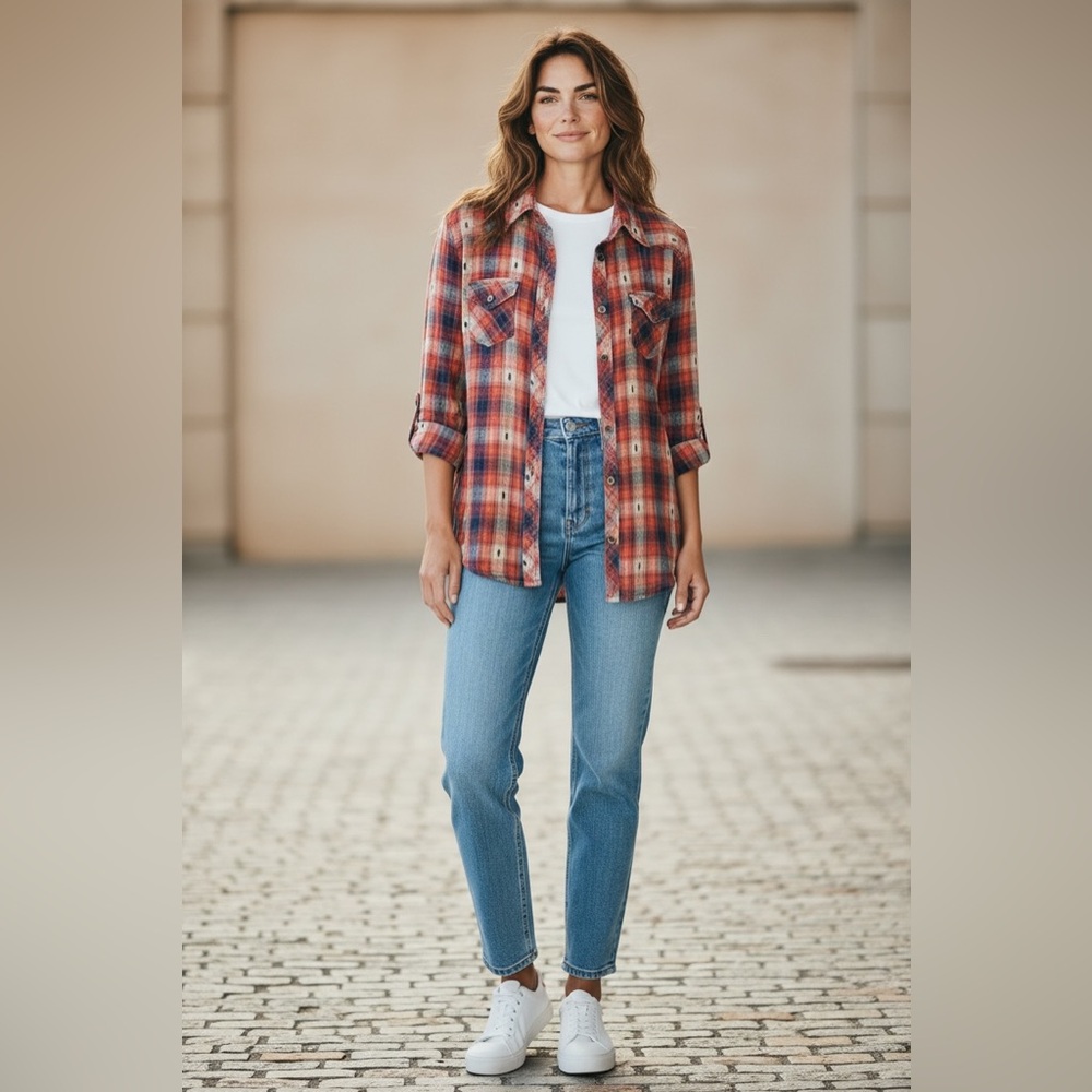 ANGIE Plaid Button Down Shirt Boho Western Lightweight Flannel Small